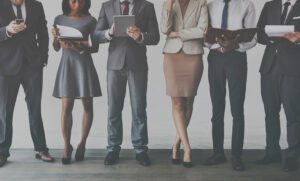 6 business people standing in line showing foot to neck